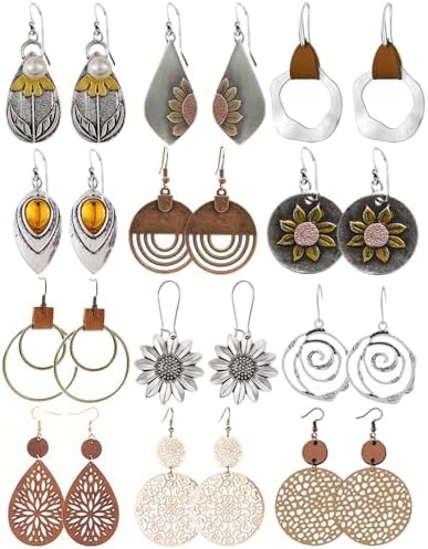 12 Pairs Boho Vintage Geometric Round Earrings Wooden Leather Earrings Ethnic Style Vintage Sunflower Earrings Christmas Earrings for Women