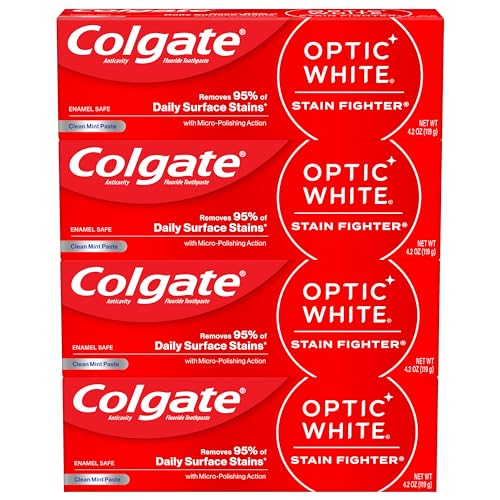 Colgate Optic White Stain Fighter Teeth Whitening Toothpaste, Anticavity Fluoride Toothpaste for Whitening Teeth, Helps Remove Daily Surface Stains, Clean Mint Paste, 4 Pack, 4.2 oz