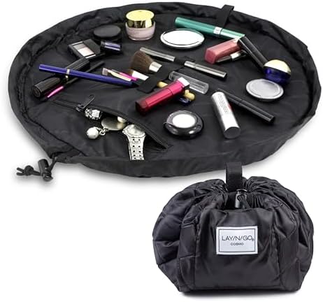 Lay-n-Go Cosmo Drawstring Cosmetic & Makeup Bag Organizer - Portable Drawstring Makeup Bag w/Zipper Pocket, Makeup Loops & More - Durable, Machine Washable Makeup Bag for Travel (20”, Black)
