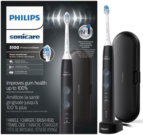 Philips Sonicare ProtectiveClean 5100 Rechargeable Electric Toothbrush, with Pressure Sensor, 3 Cleaning Modes, SmarTimer and QuadPacer, 14-Day Battery Life, Travel Case, Black, Model HX6850/60