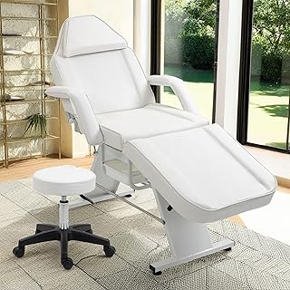 KELRIA Massage Salon Tattoo Chair with Two Trays and Hydraulic Stool, Esthetician Bed Adjustable 3-Section Facial Table, Beauty Barber Spa Beauty Equipment, White