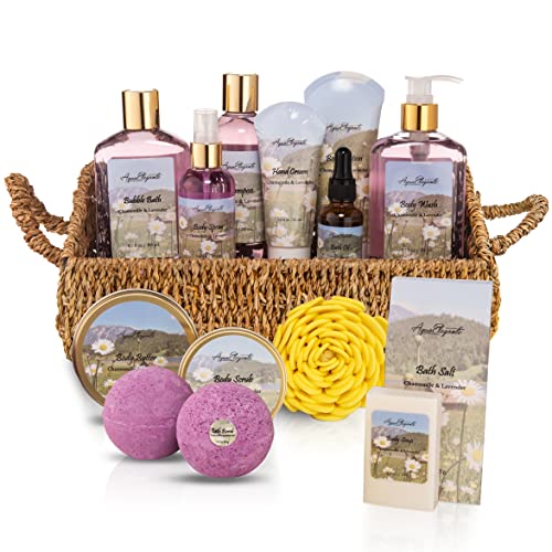 Bath Spa Gift Sets - Luxury Basket With Lavender & Chamomile - Spa Kit Includes Wash, Bubble Bath, Lotion, Bath Salts, Body Scrub, Body Spray, Shower Puff, Bathbombs, Soap and Towel