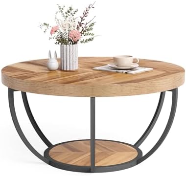 LITTLE TREE Round Coffee Table, 32" Circle Coffee Table for Living Room, 2-Tier Wood Accent Center Table with Open Storage Industrial Design Home Furniture (Wood Grain and Black)