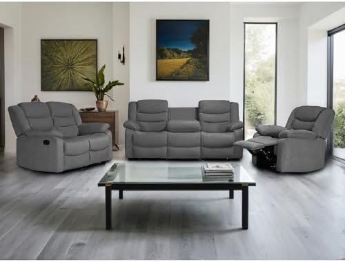 Recliner Sofa Set, Microfiber Manual Reclining Couch Set, 3 Piece Recliner Set with Loveseat, Dropdown Table& Cup Holders, Living Room/Office/Theater Seating (Gray)