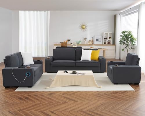 VanAcc Sofa, 3 Piece Set, Deep Seat Couches with Cup Holders & USB Charging Ports, Modern Couches- Comfy Sofas for Living Room(Charcoal Grey Chenille)