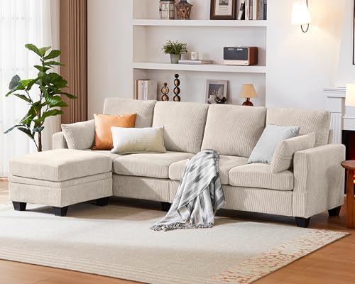 CHIC HOUSE Corduroy Modular Sectional Couch with Ottoman Chaise, L Shaped 4-seat Sofa for Living Room, Apartment, Lounge, Modern Armrest Neck Support Furniture