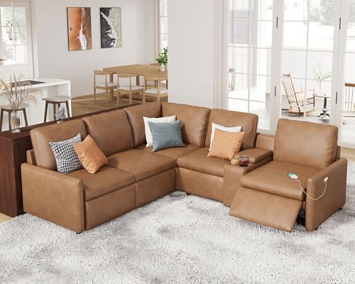 AMERLIFE Power Recliner, Reclining Sectional Sofa with Console& Single Right Recliner, 5 Seats Leather Modular Sofa with Cup Holder& USB Port, L Shaped Couch for Living Room