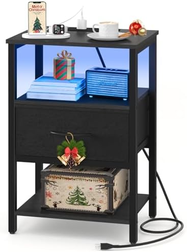 Yoobure Side Table with Storage, LED Night Stand with Charging Station, End Tables Living Room, Nightstand for Bedroom with Adjustable Fabric Drawer, 3-Tier Wood Bedside Table, Black
