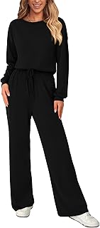 dowerme Women's One Piece Jumpsuits 2024 Long Sleeve Scoop Neck Drawstring Long Rompers Loose Knit Overalls With Pocket