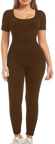 Unitard Jumpsuits for Women Tummy Control Long Bodysuits for Women Full Length Yoga Body Suit One Piece Short Sleeve