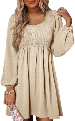 Dokotoo Womens 2024 Casual Dress Smocked Crewneck Button Up Long Sleeve Empire Waist A-Line Mini Dress