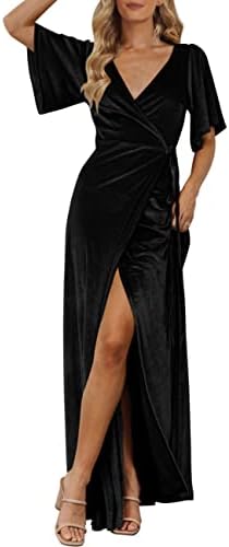 MEROKEETY Women's V Neck Wrap Velvet Maxi Dress Bell Sleeve Split Bridesmaid Cocktail Party Dresses