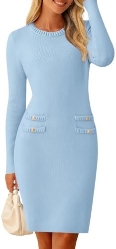 MEROKEETY Women's Long Sleeve Sweater Dress Crew Neck Work Party Vintage Knit Bodycon Short Dress