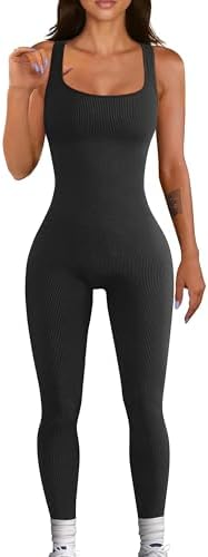 Women Workout Seamless Jumpsuit Yoga Ribbed Bodycon One Piece Tank Top Leggings Romper