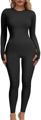 OQQ Women‘s Yoga Jumpsuits Ribbed Long Sleeve Crew Neck Tops Sport Jumpsuits