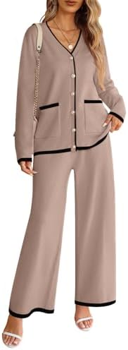 MEROKEETY Women's 2 Piece Outfits Sweater Sets Long Sleeve Knit Cardigan Wide Leg Pants Dressy Lounge Set