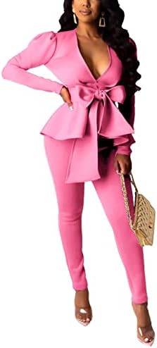 Remelon 2 Piece Outfits for Women Blazer with Pants Deep V Long Sleeve Slim Fit Ruffle Pelplum Business Suit