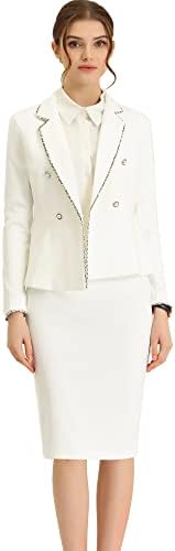Allegra K Women's Business Suit 2 Pieces Tweed Trim Blazer Jacket and Skirt Set