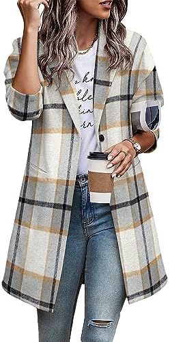 Zeagoo Women 2023 Plaid Jacket Mid Length Trench Coat Fall Wool Pea Coat with Pockets