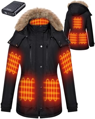 Heated Jackets for Women with 18400mAh 12V Battery Pack - Windproof Parka Womens Heated Jacket with Detachable Hood