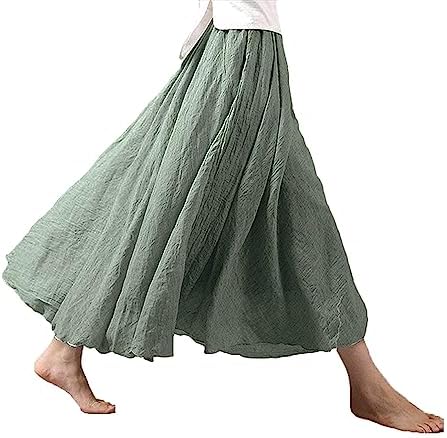ASHER FASHION Women's Bohemian Style Elastic Waist Band Cotton Linen Long Maxi Skirt Dress