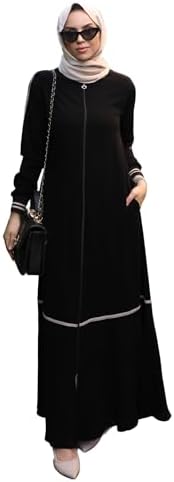 Abaya for Muslim Women Zipper and Stripe Detail on Skirt and Sleeves | Long Sleeve Dress Islamic Kaftan Hijab Robe Prayer