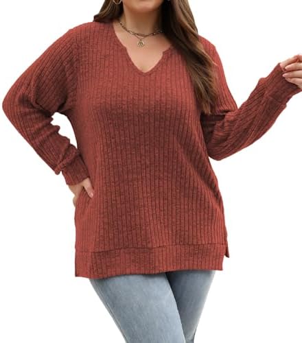 Gloria&Sarah Women's Casual Long Sleeve V Neck Lightweight Knitted Sweaters Loose Fit Plus Size Tunic Tops L-4XL