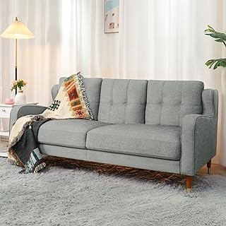 76 inch Sofa Couch, 3 Seater Comfy Couch for Living Room, Mid Century Modern Couch with Spring Support, Linen Fabric Sleeper Sofa with Deep Cushion, Solid Wood Legs for Dorm Bedroom, Grey