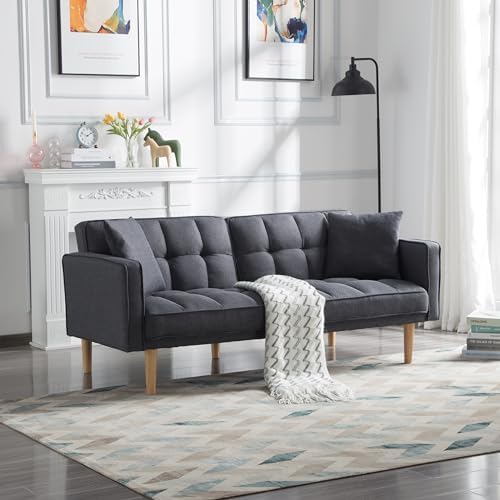 Sleeper Tufted 71.5" Futon Sofa Bed Modern Folding Fabric Convertible Loveseat, Couches for Living Room, Apartment, Bedroom, Office, Dark Grey