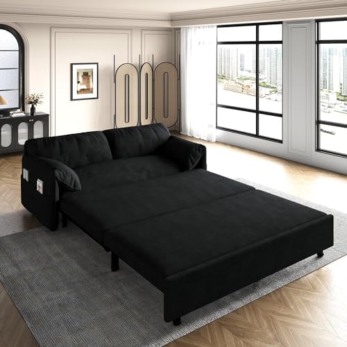 63.8" Futon Sofa Bed Queen Size, Pull Out Bed, 3-in-1 Convertible Sleeper Sofa with Side Pocket, Modern Velvet Futon Couch for Living Room, Small Space, Apartment, Bedroom, Black