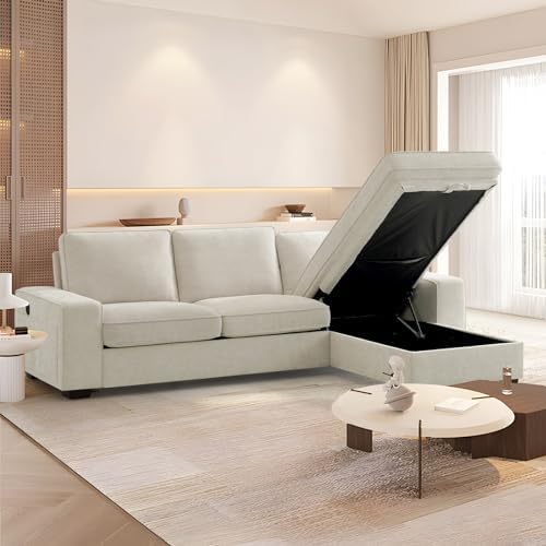 TEKAMON 99" Convertible Sectional Sofa Couch with Chaise Storage, Modern L Shaped Reversible Couch for Living Room, Comfy Chenille Fabric Sofa, Removable Cushion Covers/USB Type-C Ports,Beige
