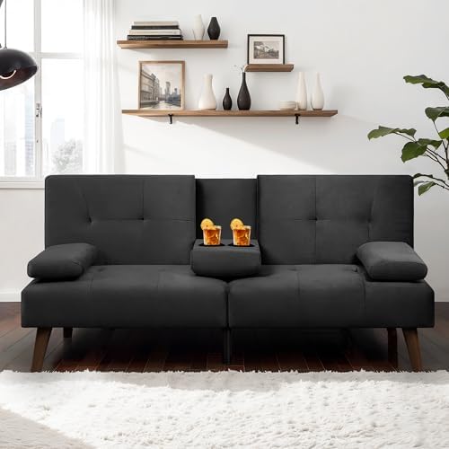 JAMFLY Futon Couch Sofa Bed Convertible, Small Sleeper Sofa Chair Loveseat with Cup Holder for Small Spaces, Living Room, Bedroom, Gameroom, Apartment, Dorm (Black)