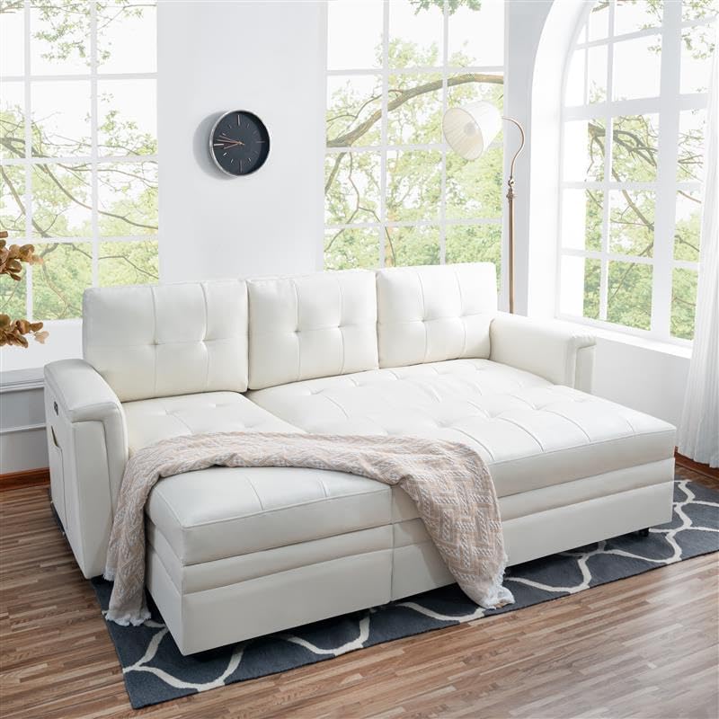 Naomi Home Lily Sectional Sleeper Sofa with USB Ports-L-Shaped Couch Convertible Pull-Out Bed, Ample Storage,Timeless Design,Sturdy Construction,Long-Lasting for Modern Living,White, Air Leather