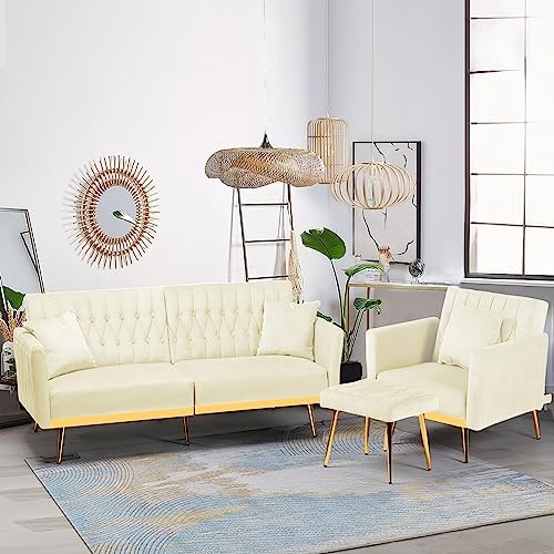 2 Pieces Velvet Sofa Set with Adjustable Armrest and Backrest, 70” Convertible Futon Sofa Bed & Mordern Accent Chair with Ottoman for Living Room, Bedroom, Beige