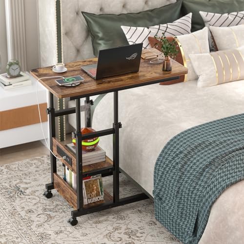 Height Adjustable End Table with Charging Station, Mobile C Shaped Laptop Side Table with Wheels, 3-Tier Sofa Couch Table with Storage Shelve for Living Room Bedroom, Rustic Brown