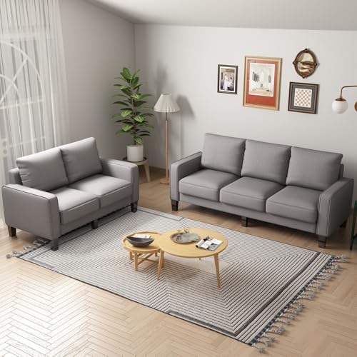 2 Piece Sectional Sofa Set-Comfy Upholstered Couch Set, Solid Wood Leg, Ultra Thick Cushion, Seats Storage, Including 3 Seater Sofa and Loveseat Sofa, Living Room, Apartment, Light Grey