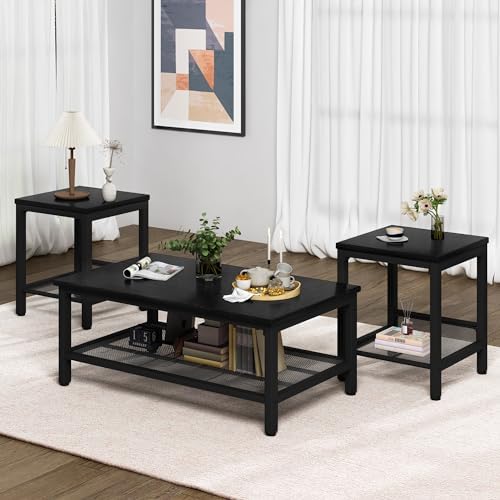 Lamerge 3 Pieces Living Room Table Set, Industrial Coffee Table with 2 Square End Side Tables, Coffee Table Set with Metal Frame for Apartment Home Office, Black