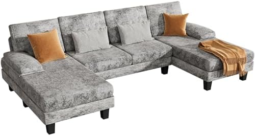 Shahoo Sectional Couch Living Room Sets Chenille Fabric U-Shaped Sofa with Double Chaises, Gray
