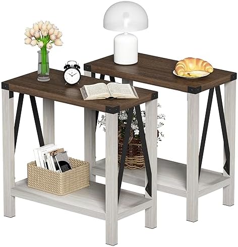 ChooChoo Farmhouse End Table Set of 2, Narrow Side End Table with Storage Shelf, Rustic A-Design Nightstand Sofa Table for Living Room, Bedroom(White&Brown)