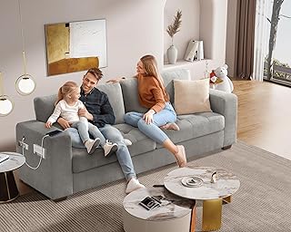 89 Inch Modern Sofa Couch with USB Port & Side Pockets, Chenille Fabric 3 Seater Couch,Comfy Washable Small Sofas & Couches for Living Room Bedroom Apartment（Grey）