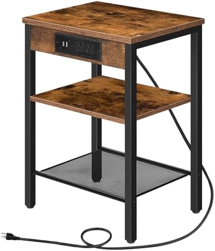 HOOBRO End Table with Charging Station and USB Ports, 3-Tier Nightstand with Adjustable Shelf, Small Side Table for Small Space in Living Room, Bedroom and Balcony, Rustic Brown BF112BZ01