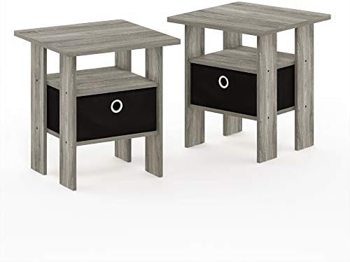 Furinno Andrey Set of 2 End Table / Side Table / Night Stand / Bedside Table with Bin Drawer, French Oak Grey