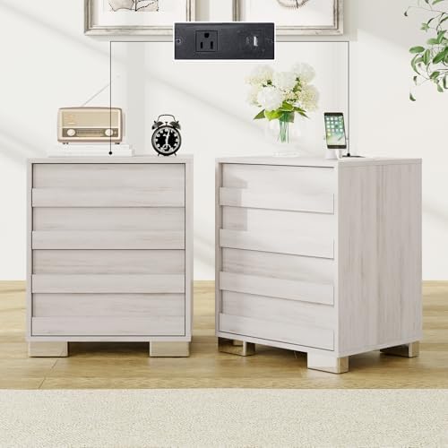 Albott Nightstand Set of 2 with Charging Station, Farmhouse End Table with 2 Drawers, Hidden Handle and Large Storage Space for Bedroom & Living Room, Distressed White