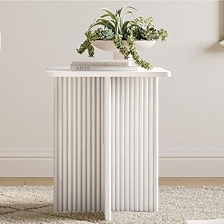 Square Fluted Accent Side Table - Pedestal Drink Table - Modern Home, Bedroom, and Living Room Furniture - Small End Table with Solid Wood X-Base and Wood Veneer Top (White)