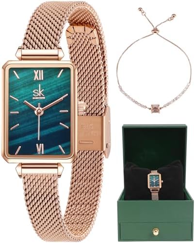 SK Dainty Women's Wrist Watch: Green Malachite Dial,Beautiful Bracelet, Wrapped by Stylish Gift Box, Elegant Present for Ladies and Loved Ones