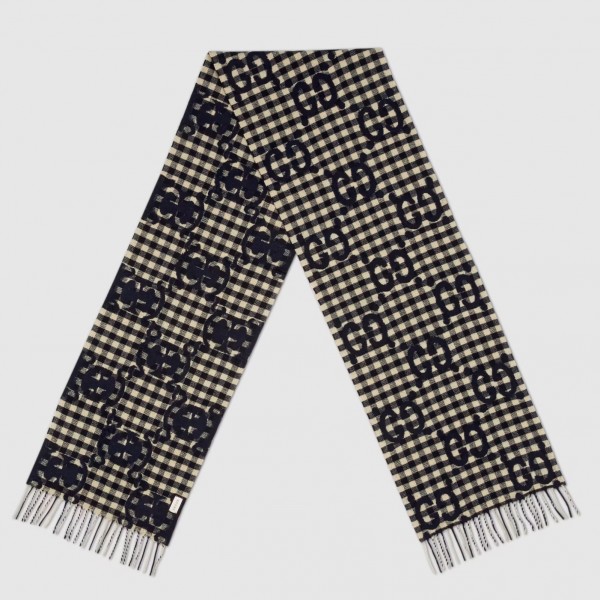 Gucci Blue and Ivory GG Wool Jacquard Scarf