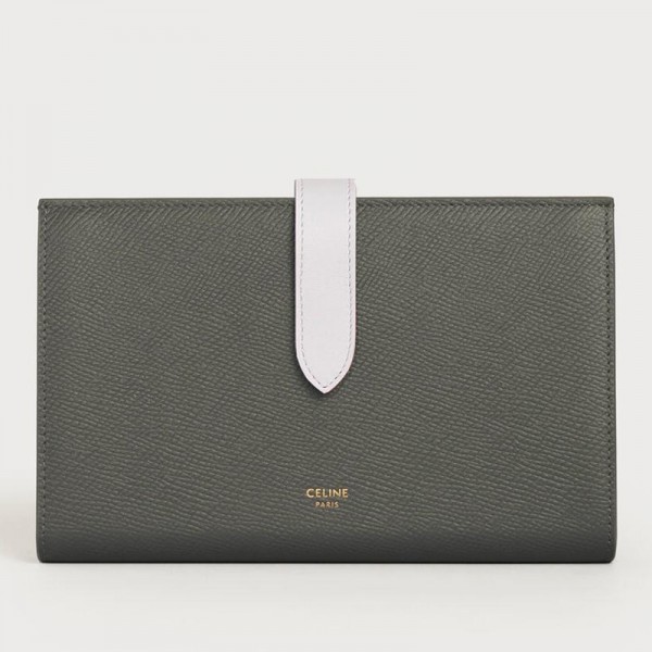 Celine Large Strap Bicolour Wallet In Grey Grained Calfskin